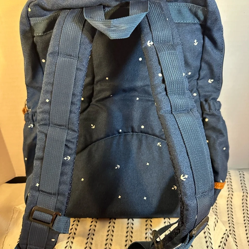 Navy Blue with Anchor Print Kaukko brand laptop backpack leather details